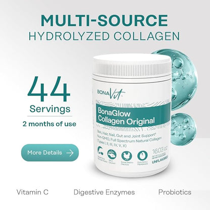 BonaGlow - Multi-Source Hydrolyzed Collagen - Powder Extract - 44 Servings - with Vitamin C, Probiotics, and Digestive Enzymes - Sugar-Free and Non-GMO - Paleo-Friendly - Skin, Nails, Hair