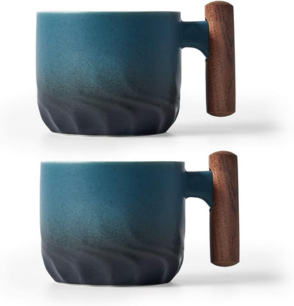 Ceramic Espresso Cups with Wooden Handle Espresso Shot Cups Ceramic Tea Cups Porcelain Demitasse Cups for Coffee or Tea, 3oz (blue, 2)