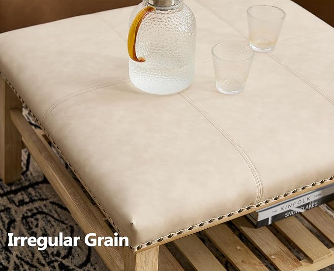 Kmax 32-Inch Beige Faux Leather Coffee Table Large Square Ottoman Foot Rest Stool Upholstered Coffee Table with Wooden Shelf Storage for Living Room Office