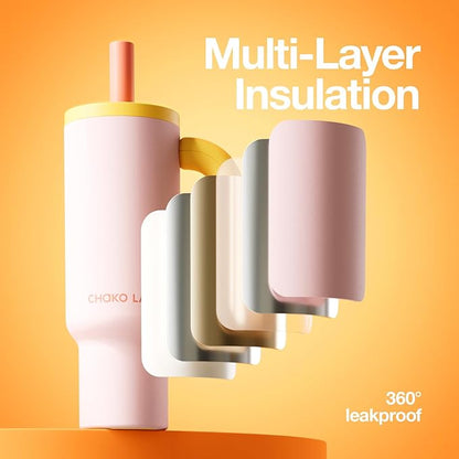 BaWang Insulated Stainless Steel Tumbler | Tumbler with Handle and Straw 33oz | Cup Holder Friendly for Travel | Leakproof Water Bottle | BPA-Free | Ceramic liner| pink＆yellow