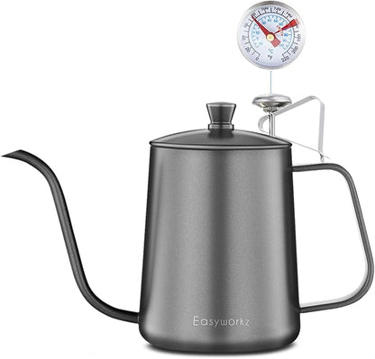 Easyworkz Gage Gooseneck Pour Over Coffee Kettle 20 oz with Thermometer Stainless Steel Hand Drip Coffee Pot With Long Narrow Spout