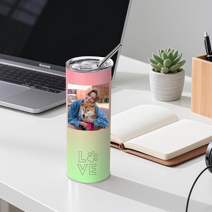 Personalized Tumbler with Picture, Custom Stainless Steel Skinny Tumbler with Logo Text, Personalized Cup Gifts for Women Men Birthday Christmas, Bulk Corporate Gifts