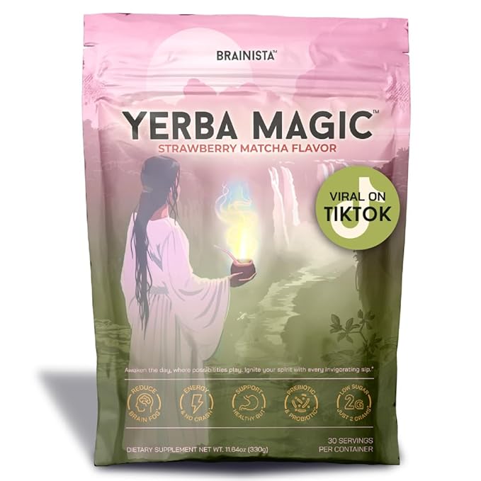 Yerba Magic - Yerba Mate Instant Tea Powder, 3-in-1 Super Drink - Clean Energy, Brain Fog Buster, and Gut Health Powered by Nootropics, Prebiotics and Probiotics | Strawberry Matcha 30 Servings