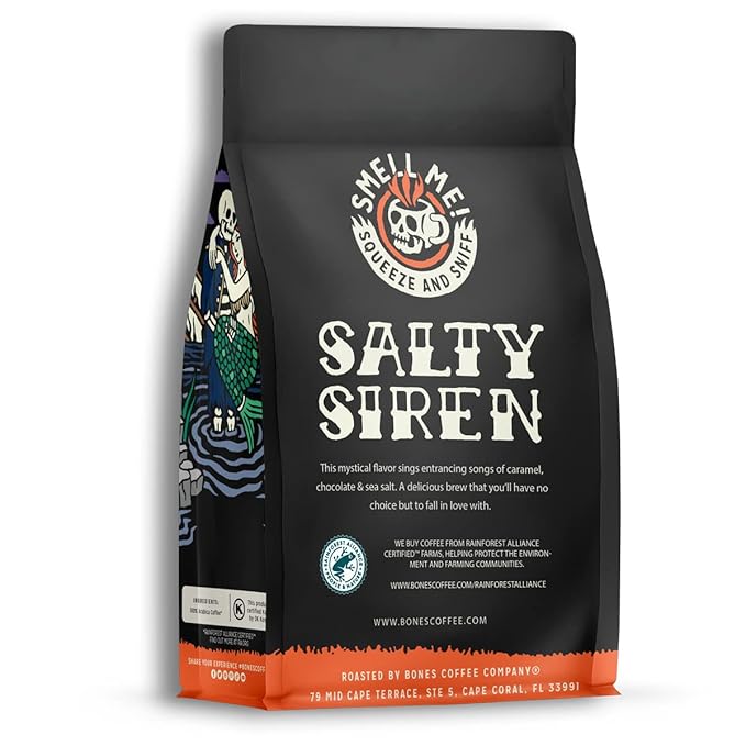 Bones Coffee Company Salty Siren, Sea Saled Caramel Chocolate Flavored Coffee, Medium Roast Low Acid Arabica Beans Compatible with Auto drip and French Press Coffee Maker, 12 Oz Whole Bean