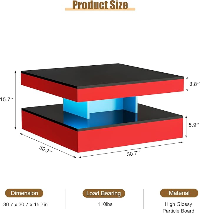 Red LED Coffee Table for Living Room, Living Room Table 2-Tier Square Modern High Glossy Contemporary Wood Coffee Tables with Storage, Tea Table for Dining Reception Room