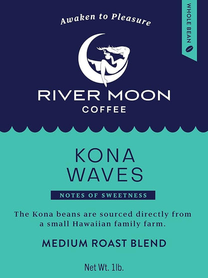 River Moon Coffee, Kona Coffee Whole Bean, Medium Roast, 16 Ounce, Kona Waves Hawaiian Blend, Sustainably Farmed, 100% Arabica