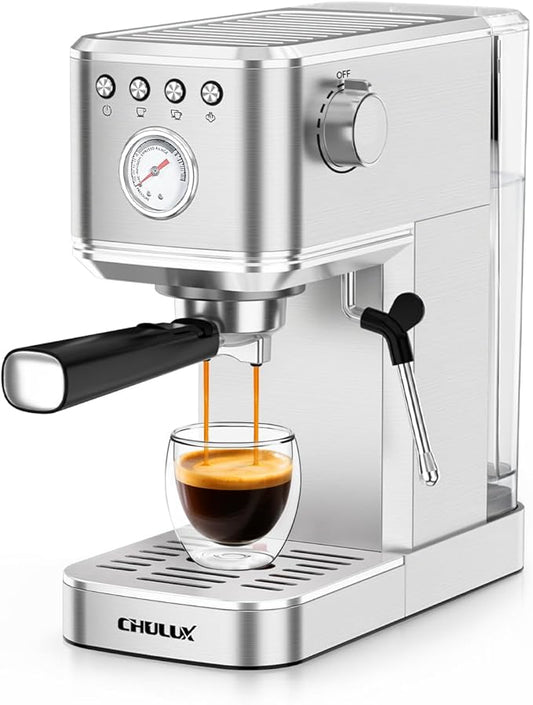 CHULUX Kom-Pro Espresso Machine 20 Bar, Semi Automatic Stainless Steel Coffee Machine for Home Latte Cappuccino Espresso Maker, Powerful Milk Frother Steam Wand