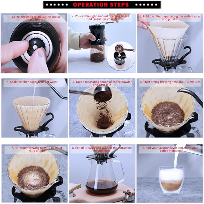 DS&DV Coffee Set Incl. Coffee Scale Glass Driper,Manual Grinter,Pour Over Kettle,Paper Filters,Double Wall Mug for Camping and Travelling (8 in 1 Coffee Makers)