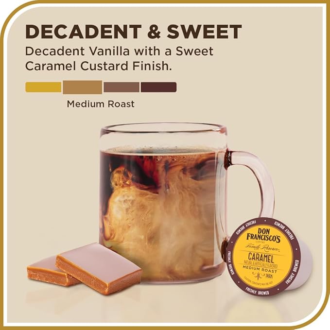 Don Francisco's Caramel Flavored Coffee - 72 K-Cup Compatible Single-Serve Pods - 100% Arabica - Rich Buttery Flavor with Sweet Finish - Compatible with Keurig Brewers