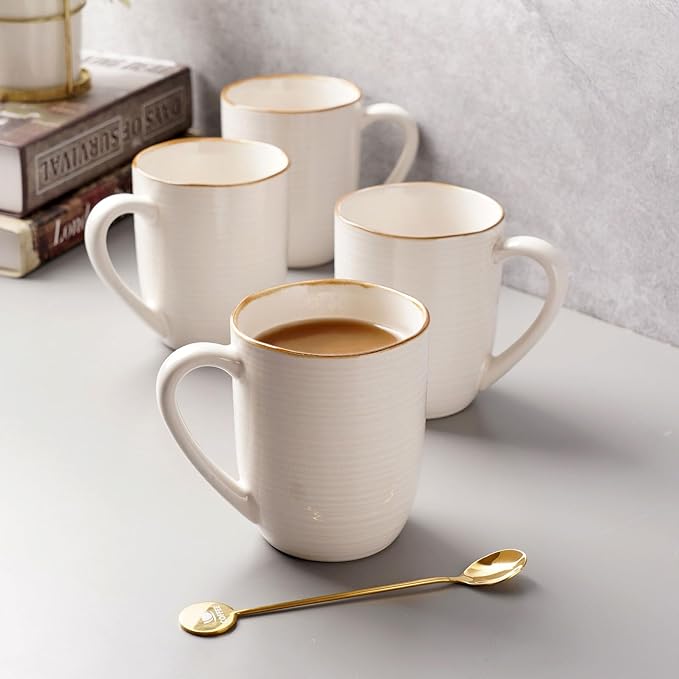 famiware Tempus Coffee Mugs Set of 4, 14 oz Cup Set, Stoneware Mugs with Handle for Coffee, Tea, Cocoa, Milk, Cappuccino, Microwave Safe - Antique White
