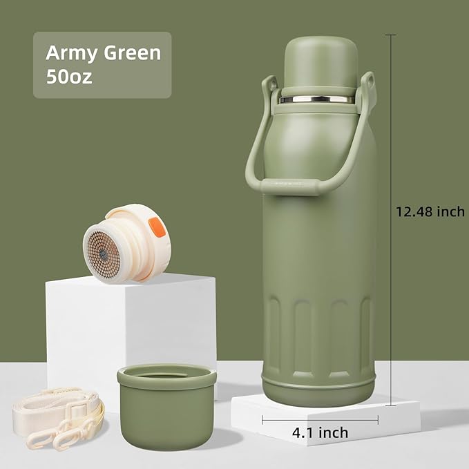 Insulated Water Bottle with Handle and Strap,Vacuum Travel Tumbler with Cup Lid,Thermo Coffee Cup for Hot Cold Drinks 50 OZ,Army Green