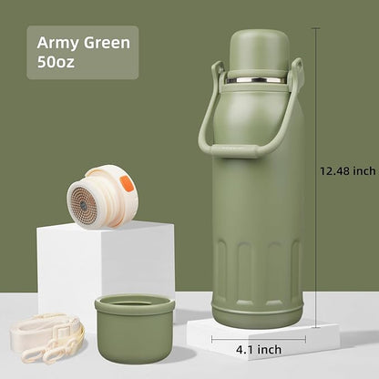 Insulated Water Bottle with Handle and Strap,Vacuum Travel Tumbler with Cup Lid,Thermo Coffee Cup for Hot Cold Drinks 50 OZ,Army Green