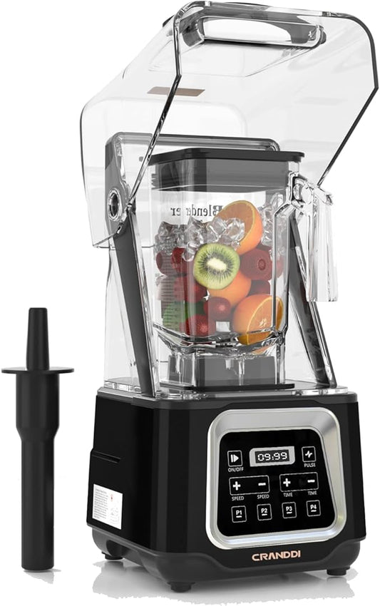 CRANDDI Commercial Smoothie Blender, 2200W High-Power Smart Blender with 4 Pre-Programmed Cycles, Professional Blenders with Removable Shield, 52oz BPA-free Jar, Upgraded Blade, K80 (Black)