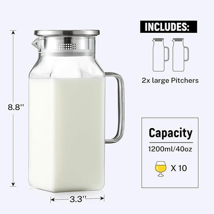 Netany 2 Pack 1.2 Liters/40 oz Small Square Glass Pitcher with Lid and Handle for Fridge, Iced Tea and Coffee Carafe Storage Container, Resistant to Hot and Cold Borosilicate Jug