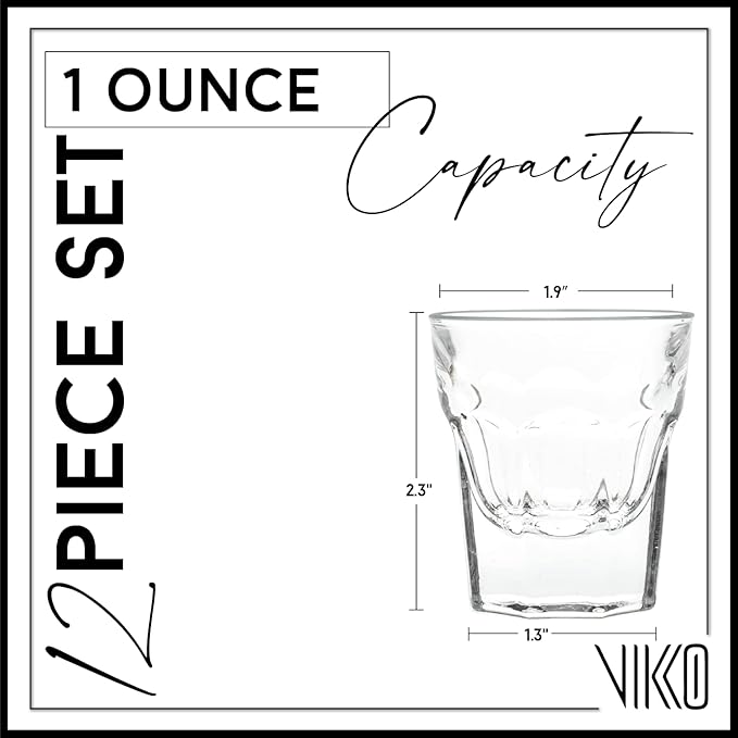 Vikko 1 Ounce Shot Glasses: Set of 12 Small Liquor and Spirit Glasses - Durable Tequila Bar Glasses For Alcohol and Espresso Shots - 12 Piece Mini Shooter Glass Set (Maracco)