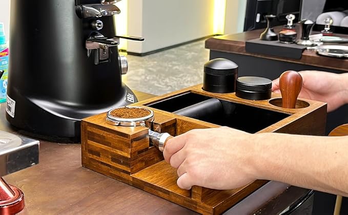 13.4'' Large Espresso Knock Box and Tamping Station, Solid Wood Espresso Accessories Organizer Box for 51MM-58MM Tamper, Distributor, Portafilter, High-Capacity Espresso Coffee Organizer