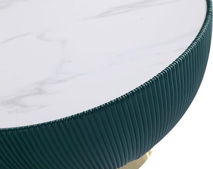 Manhattan Comfort Modern Anderson Coffee Table, 1.0 & 2.0 End Table, Upholstered in Green Leatherette with Ceramic Faux Tabletop and Gold Metal Tabletop- Set of 3