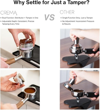 Crema Coffee Products 51mm Hand Tamper & Coffee Distributor|Compatible with Delonghi Dedica & La Specialista Portafilter|Double-Sided, Adjustable Depth Tool|Made with Durable 304 Stainless Steel|Black