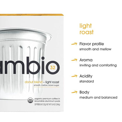 Cambio Roaster Donut Blend Keurig Coffee K Cups, Organic Light Roast Coffee Pods, Only Aluminum K Cup for More Flavor & Longer Lasting Freshness, Caffeinated Lower Acid Kcups for Keurig, 10 count