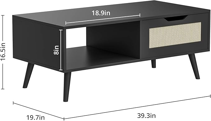 Black Rattan Coffee Table, Mid Century Modern with Drawer & Shelf, 39'' Wooden Boho Coffee Table for Living Room