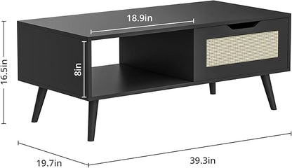 Black Rattan Coffee Table, Mid Century Modern with Drawer & Shelf, 39'' Wooden Boho Coffee Table for Living Room