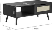 Black Rattan Coffee Table, Mid Century Modern with Drawer & Shelf, 39'' Wooden Boho Coffee Table for Living Room