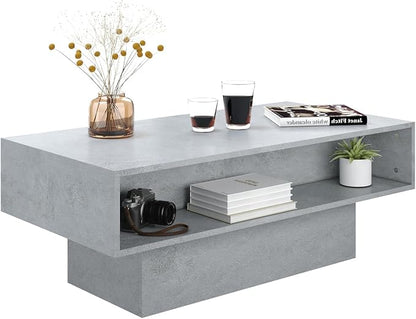 LED Coffee Table with Storage, Rectangular Center Table for Living Room, Modern High Glossy Farmhouse Grey Coffee Table with 16 Colors LED Lights, Wooden Living Room Table