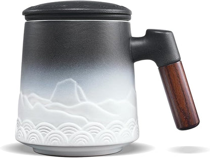 ZENS Tea Mug with Infuser and Lid for Loose Leaf Tea Steeper, 16.9oz Embossed Ceramic Tea Cup with Fine Tea Strainers, Wood Handle Large Diffusers Mugs for Tea Lovers Gifts