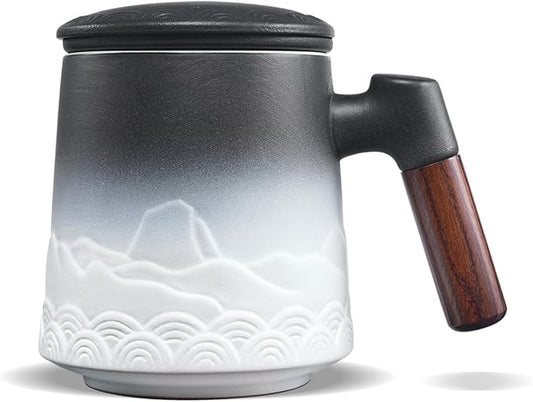 ZENS Tea Mug with Infuser and Lid for Loose Leaf Tea Steeper, 16.9oz Embossed Ceramic Tea Cup with Fine Tea Strainers, Wood Handle Large Diffusers Mugs for Tea Lovers Gifts