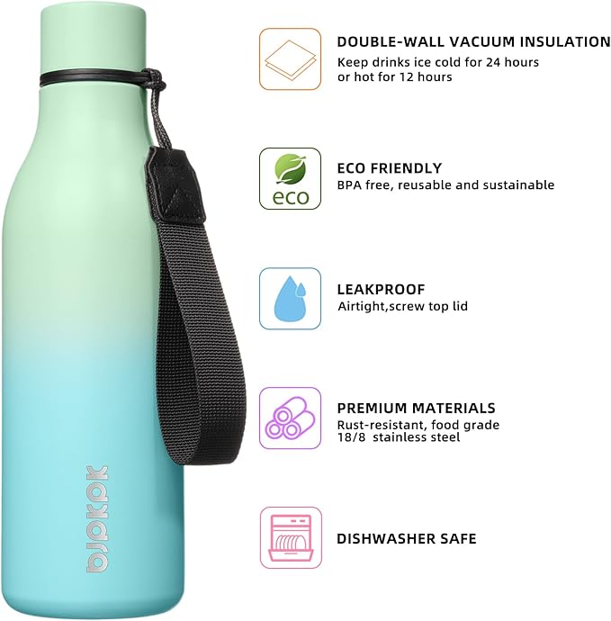 BJPKPK Insulated Water Bottles, 18 oz Stainless Steel Metal Water Bottle with Strap, BPA Free Leak Proof Jugs, Mugs, Flasks, Reusable Thermal Flasks for Sports & Travel, Mint