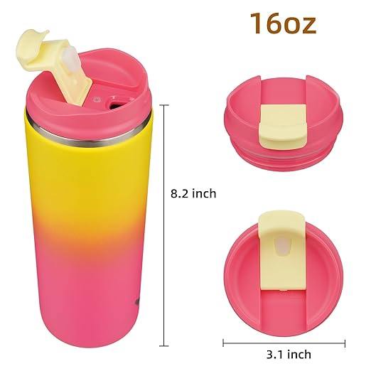 Tumbler with Lid, 16 oz Travel Coffee Mug Double Wall Vacuum Stainless Steel Thermal Metal Cup Insulated Water Bottle,Rainbow