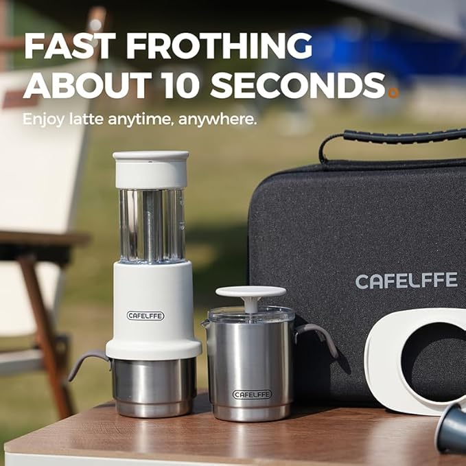 Manual Portable Coffee Maker Set with Milk Frother Cup &Carry Bag, Hand Press Espresso Machine Compatible with Nes Original Capsule/Ground for Outdoor Travel Camping Gift,White