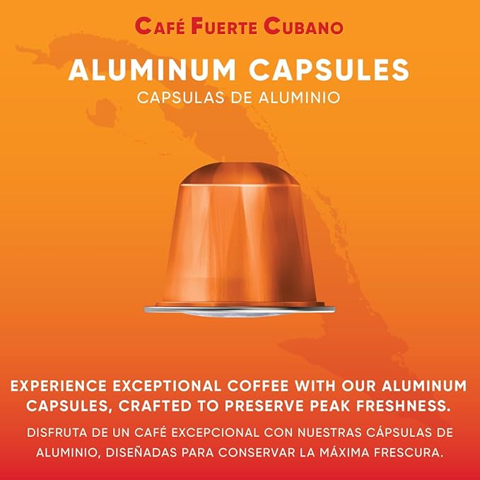 Café Fuerte Cubano, Aluminum Espresso Capsules, Compatible with Nespresso Original Machines, Dark Roast, Intensity 13, High Caffeine, Recyclable Coffee Pods, Roasted and Packaged in USA (40 Count)