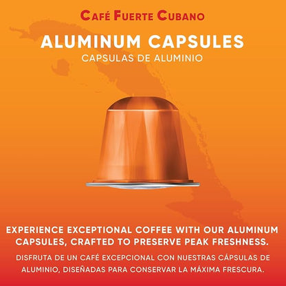 Café Fuerte Cubano, Aluminum Espresso Capsules, Compatible with Nespresso Original Machines, Dark Roast, Intensity 13, High Caffeine, Recyclable Coffee Pods, Roasted and Packaged in USA (80 Count)