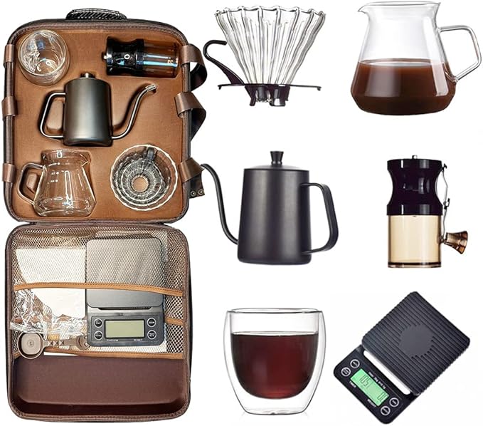 DS&DV Coffee Set Incl. Coffee Scale Glass Driper,Manual Grinter,Pour Over Kettle,Paper Filters,Double Wall Mug for Camping and Travelling (8 in 1 Coffee Makers)