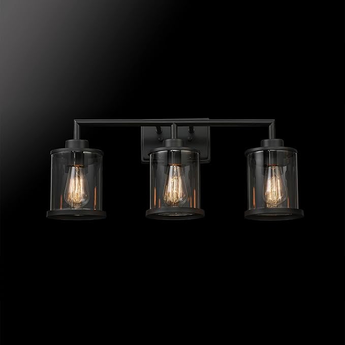 GLOBE Electric 52059 Harlow 5-Piece All-in-One Bathroom Set, Matte Black, 3-Light Vanity Light with Clear Glass Shades, Towel Bar, Toilet Paper Holder, Towel Ring, Robe Hook