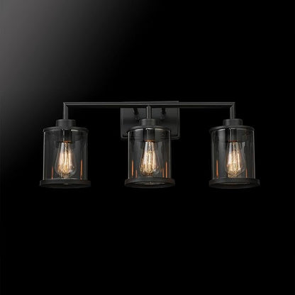 GLOBE Electric 52059 Harlow 5-Piece All-in-One Bathroom Set, Matte Black, 3-Light Vanity Light with Clear Glass Shades, Towel Bar, Toilet Paper Holder, Towel Ring, Robe Hook