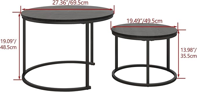 Round Coffee Table Set of 2 End Tables for Living Room,Black Coffee Table Nesting Tables,Living Room Table Wooden Accent Furniture Metal Frame,Sturdy Stacking Side Tables,Easy Assembly