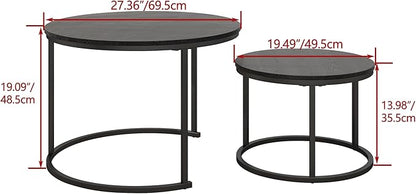 Round Coffee Table Set of 2 End Tables for Living Room,Black Coffee Table Nesting Tables,Living Room Table Wooden Accent Furniture Metal Frame,Sturdy Stacking Side Tables,Easy Assembly