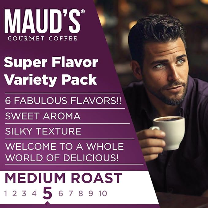 Maud's Sampler Variety Pack Coffee Pods, 24 ct, 6 Assorted Flavors, Medium Roast Flavored Coffee in Recyclable Single Serve Pods – 100% Arabica Beans, Compatible with Keurig K Cups Maker