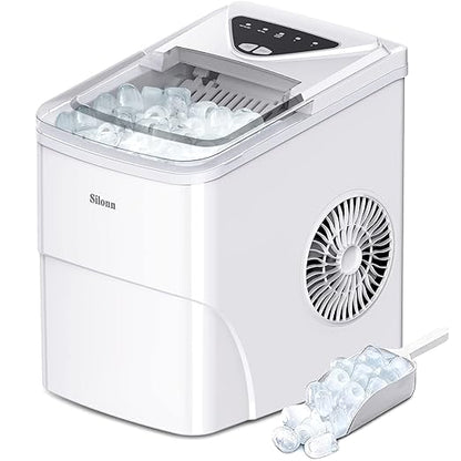 Silonn Ice Makers Countertop, 9 Bullet Ice Cubes Ready in 6 Minutes, 26lbs in 24Hrs Portable Ice Maker Machine Self-Cleaning, 2 Sizes of Bullet-Shaped Ice for Home Kitchen Office Bar Party, White