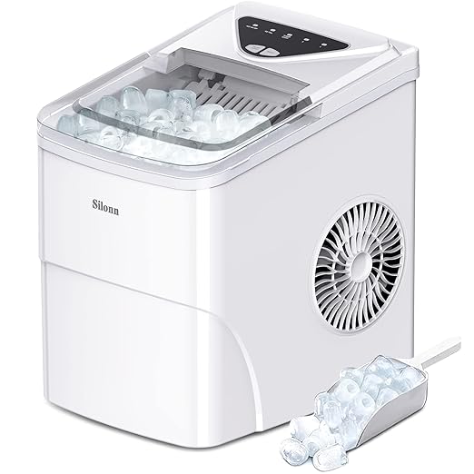 Silonn Ice Makers Countertop, 9 Bullet Ice Cubes Ready in 6 Minutes, 26lbs in 24Hrs Portable Ice Maker Machine Self-Cleaning, 2 Sizes of Bullet-Shaped Ice for Home Kitchen Office Bar Party, White