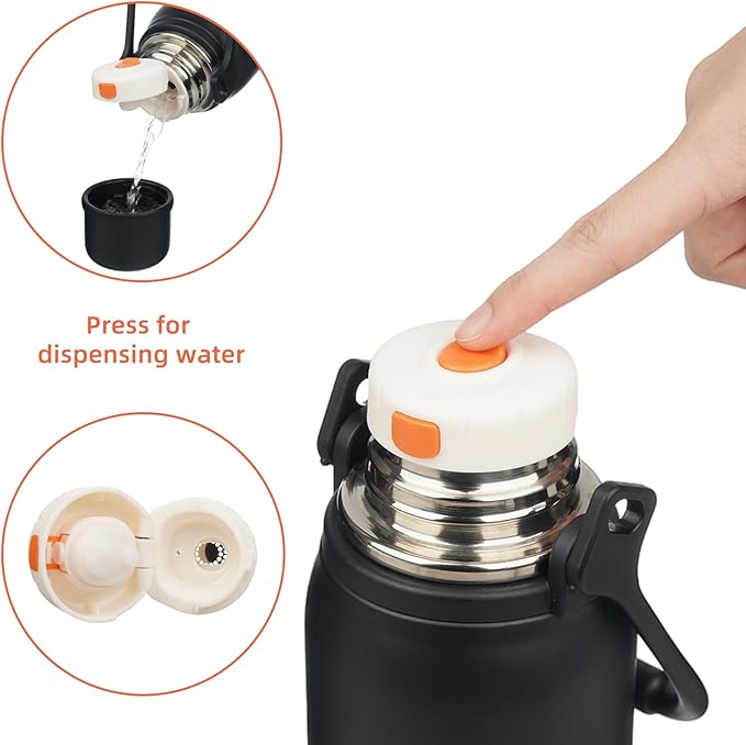 Insulated Water Bottle with Handle and Strap,Vacuum Travel Tumbler with Cup Lid,Thermo Coffee Cup for Hot Cold Drinks 40 OZ,Black