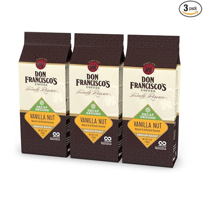 Don Francisco's Premium Decaf Vanilla Nut Flavored Ground Coffee: 99.7% Caffeine-Free, 100% Arabica Beans, Rich Aroma, Perfect for Drip, Pour-Over, and French Press (3 X 12 oz Bag)