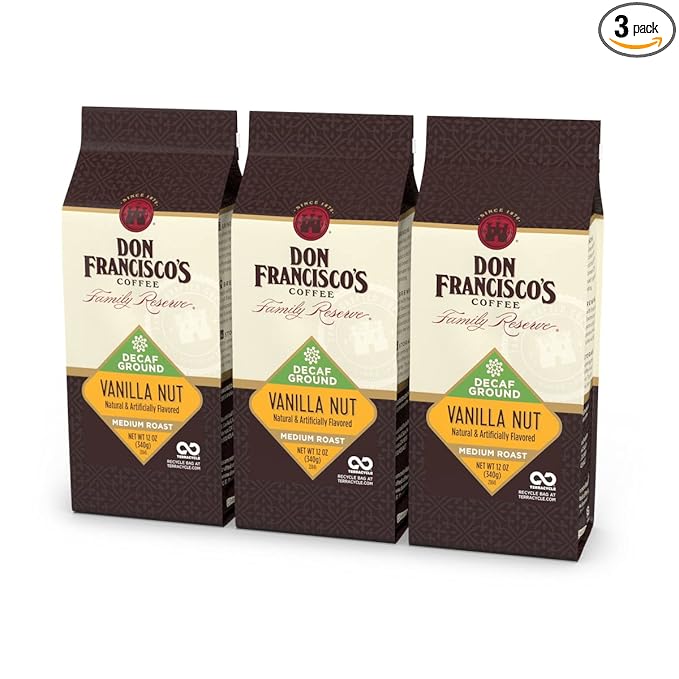 Don Francisco's Premium Decaf Vanilla Nut Flavored Ground Coffee: 99.7% Caffeine-Free, 100% Arabica Beans, Rich Aroma, Perfect for Drip, Pour-Over, and French Press (3 X 12 oz Bag)