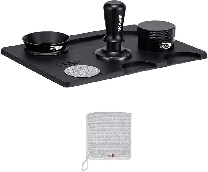 IKAPE 53.3MM Espresso Tamper Kit Black 6 IN 1, Espresso Tool Kit with Coffee Tamper, Distributor, Magnetic Dosing Funnel, Silicone Mat, Puck Screen, Cleaning Towel