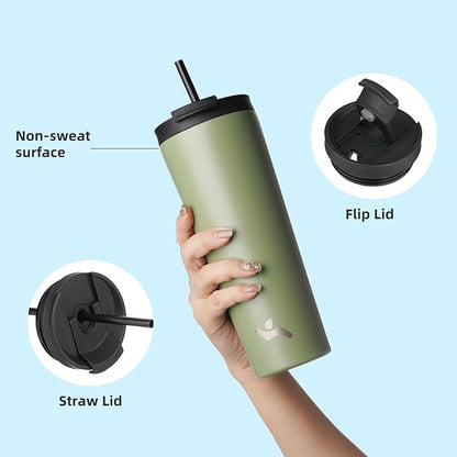 34 OZ Insulated Tumbler with Lid and 2 Straws Stainless Steel Water Bottle Vacuum Travel Mug Coffee Cup,ArmyGreen