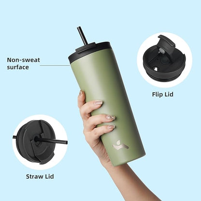 18 OZ Insulated Tumbler with Lid and 2 Straws Stainless Steel Water Bottle Vacuum Travel Mug Coffee Cup,ArmyGreen