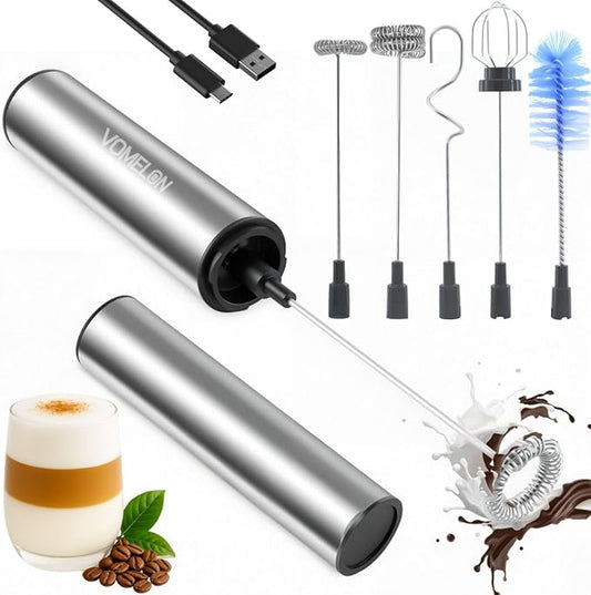 Rechargeable Milk Frother Handheld Electric Frother Wand Milk Foamer Drink Mixer for Coffee, Lattes, Cappuccino, and Egg, Stainless Steel for Travel-Silver
