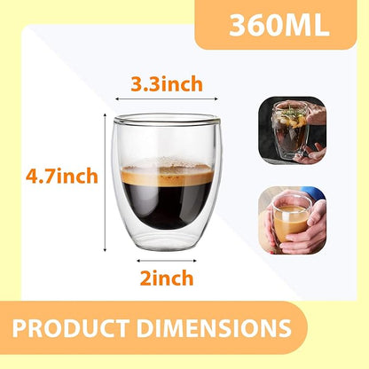 Double Wall Glass Coffee Mugs Insulated Thermal Glasses 12oz, Hot and Cold Insulated Clear Coffee Cups for Kitchen/Travel,6Pcs